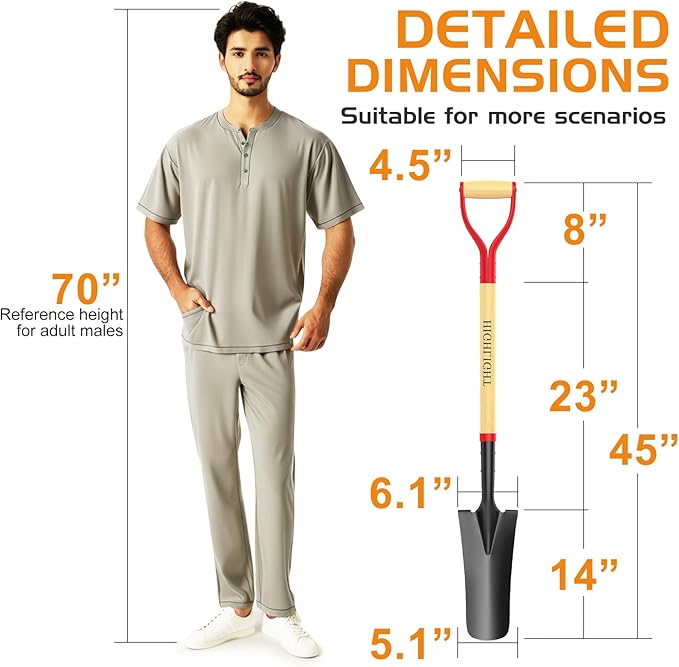 HIGHLIGHT Spade Shovel, Transplanting Spade, Drain Spade, Spade Shovels for Digging, Sharp Shooter Shovel or Spade, 45Inch, Stell D-Grip, Wooden Handle