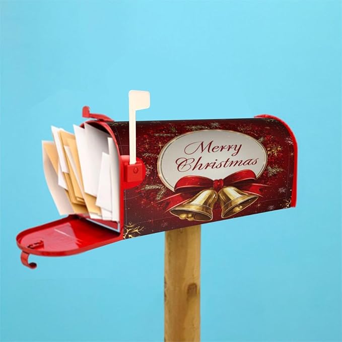 Festive Magnetic Mailbox Cover Red Christmas Bell Pattern Outdoor Mailbox Protector Holiday Seasonal Decorative Garden Yard Home Standard Size 21 x 18 Inch
