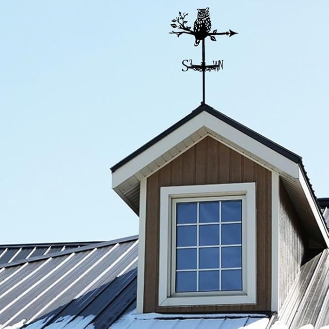 SUPERDANT Owl Weathervane Wrought Iron Wind Vane Owl on Branch Animal Metal Weather Vane Roof Garden Direction Sign Weathercock Outdoor Farmhouse Decoration Garden Wind Measuring Tool