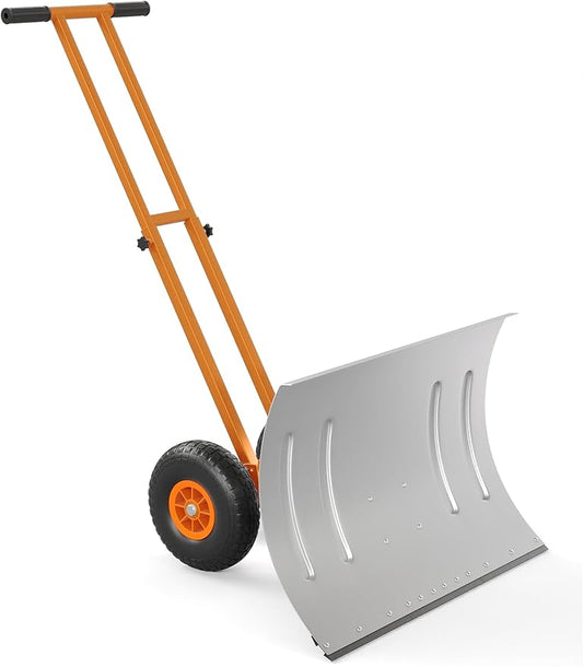 Garvee 29" Snow Pusher Shovel with Wheels,Heavy Duty Steel Snow Shovel with Wheels,Angled Blade Efficient Snow Removal With5-Position Angled Blade & Adjustable Handle for Doorway, Sidewalk, Silver