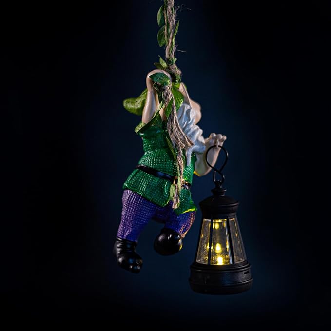Garden Gnome Solar Lantern Decoration, Green and Purple, Weather-Resistant Resin, Hanging Style, Solar Powered, Whimsical Garden Decor, 6.3 Inch Height