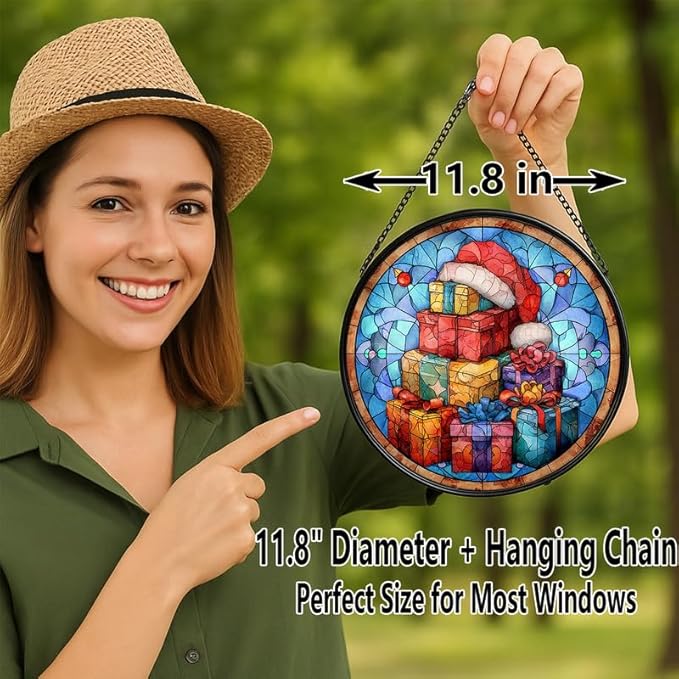 Stained Glass Window Hanging – 11.8 in Gifts with Santa Hat Panel with Chain， Bathroom Front Door Living Room Garden Decor， Gift for Mom Wife Lovers