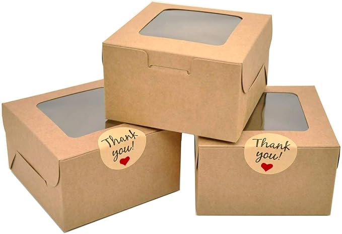 LINSHRY 50 Pack Brown Bakery Boxes, 4x4x2.5 Inches Small Pastry Treat Boxes with Window Gift Packaging Boxes for Cookies, Pastries, Mini Cakes, Donut, Pie Slice, Stickers Included