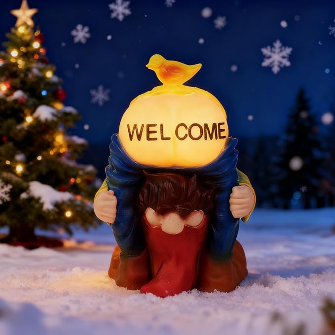 Solar Garden Statues Lights, 8.5" Christmas Outdoor Gnome Figurine with Auto On/Off for Yard Patio Decor, Gifts for Women, Grandma, Mom, Housewarming (Welcome Gnome)