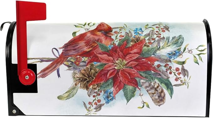 ALAZA Christmas Poinsettia Flower and Winter Bird Red Cardinal Magnetic Mailbox Cover Oversized for Garden Yard Outdoor Decorations-25.5" x20.8