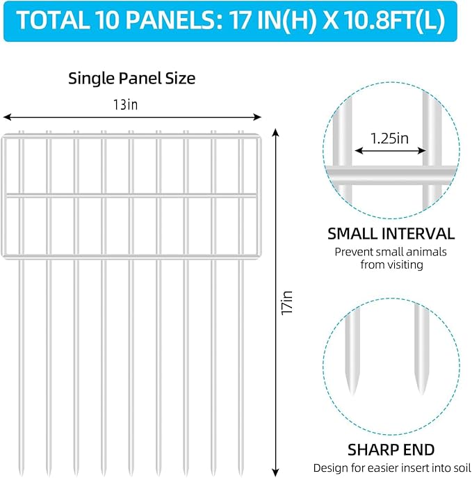 10 Panels Garden Fencing Animal Barrier, 17in (H) X 10.8ft (L) Dog Dig Fence Barrier, 1.25in Gap Rustproof Metal Garden Fence, Ground Defense Border Fencing for Outdoor, Yard, Patio, White