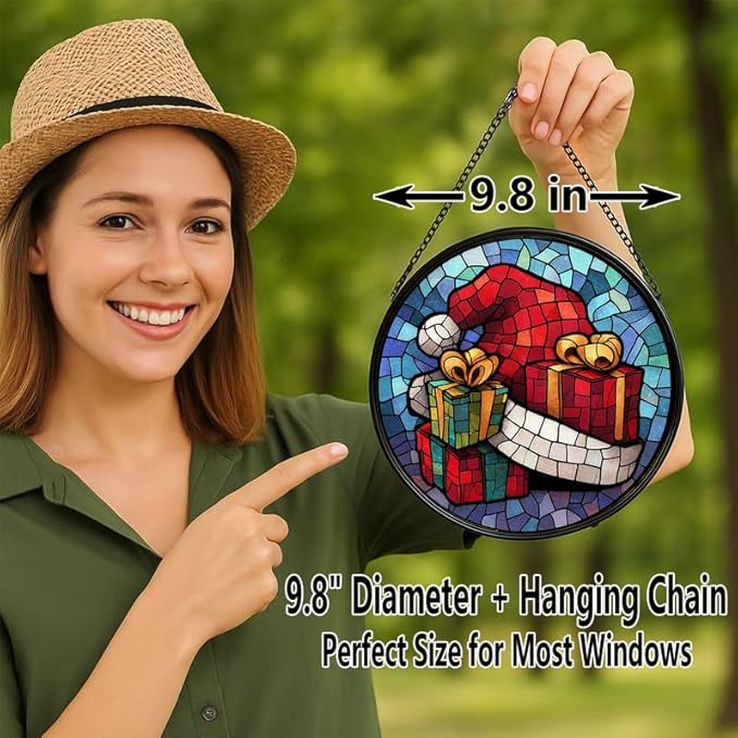 Stained Glass Window Hanging – 9.8 in Santa Hat Gifts Panel with Chain， Bathroom Front Door Living Room Garden Decor， Gift for Mom Wife Lovers