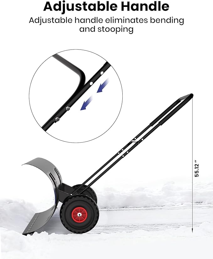 Snow Pusher with Wheels for Driveway, 36" Wide Heavy Duty Steel Blade, 2-Position Height Adjustment & 60° Tilt Handle, Ergonomic Push Snow Shovel with Ground Protection for Effortless Snow Removal