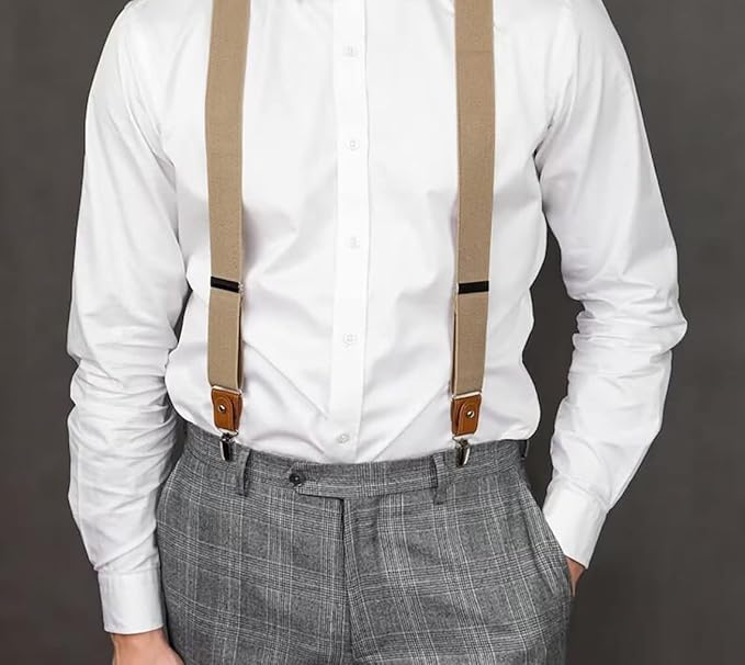 UPSONG Mens Suspenders，Brown Leather Button Tab and Clip Braces Heavy Duty Suspender Wedding Suspenders for Groom Groomsmen