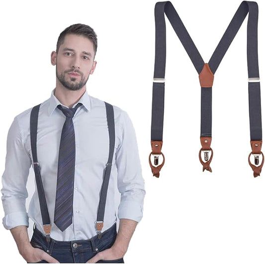 UPSONG Mens Suspenders，Brown Leather Button Tab and Clip Braces Heavy Duty Suspender Wedding Suspenders for Groom Groomsmen