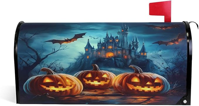 ALAZA Halloween Pumpkins Castle Flying Bat Magnetic Mailbox Cover MailWraps Garden Yard Home Decor for Outside Standard Size-18"x 20.8"