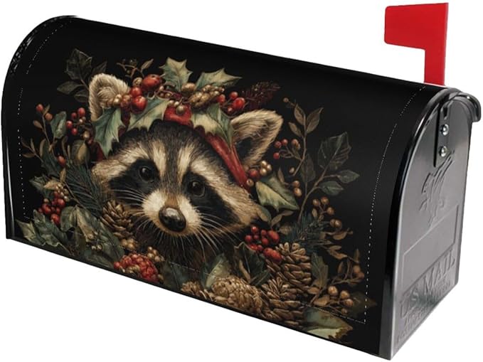 Christmas Raccoon Mailbox Covers Magnetic Letterbox Covers 21x18 Inch for Garden Outdoor Decoration