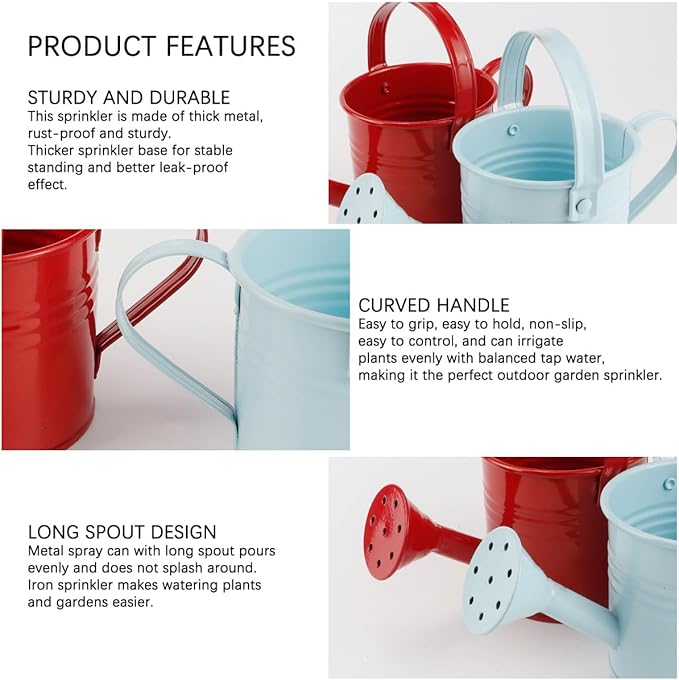 2Pcs Mini Watering Can Sprinkler Bucket for Kids Metal Gardening Water Pot for Outdoor and Indoor House Plants, Blue/Red/Cute Watering Can