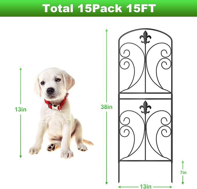 Decorative Garden Fence 15 Pack, 37.5in(H) x 16ft(L) Animal Barrier Fence, Rustproof Metal Fencing for Yard, Dog Rabbits Wire Section Garden Edging Border for Yard Patio Garden, Arched