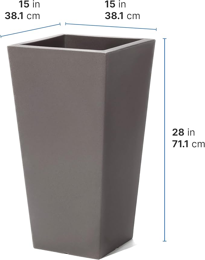 Step2 Tremont Tall Square Tapered Planter, Large Planters for Outdoor Plants, Gardening and Flower Pot for Patio or Porch, Efficient Drainage, Durable Plastic, Dark Cedar, 1-Pack