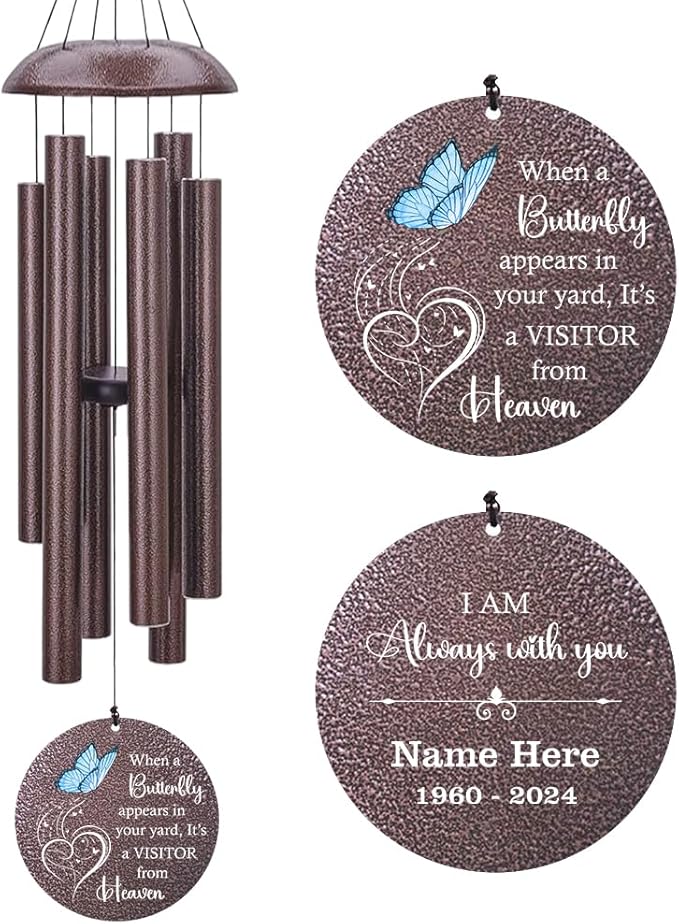 Sympathy Wind Chimes, Personalized Butterfly Wind Chimes for Loss of Loved One, Commemorative Sympathy Gifts for Funeral, in Memory of Dad/Mom/Husband/Wife, Product in USA