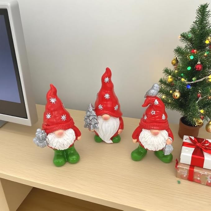 3PCS Christmas Gnome Decorations - Red & Green Holiday Gnomes with Gifts, Resin Xmas Elf Figurines for Home Decor, Shelf, Mantel, Tabletop Festive Indoor Ornaments (4.93-5.11 in)