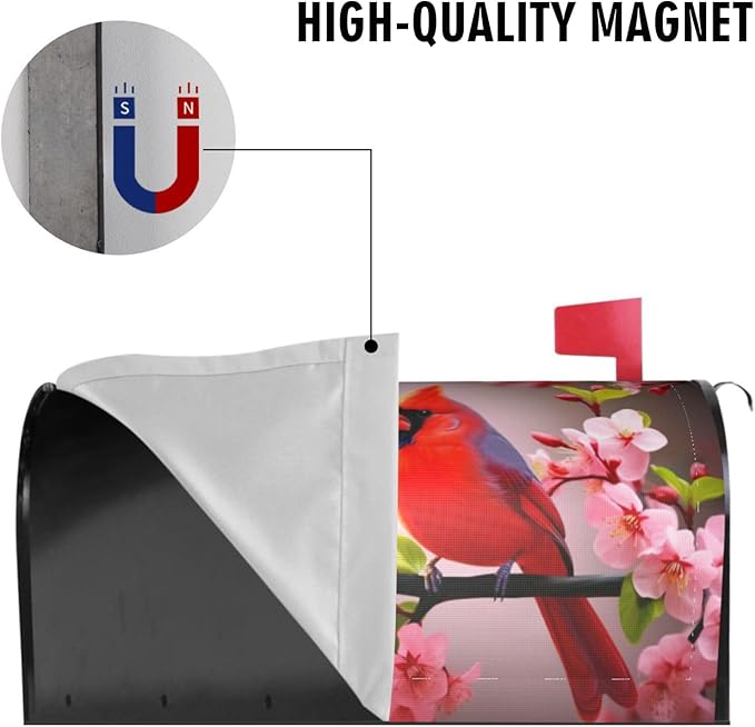 Cardinal Flowers Mailbox Covers, Spring Summer Sakura Red Birds 25.5x21 in Magnetic Mailbox Cover, Post Letter Box Case for Yard Garden Decorations Larger Size