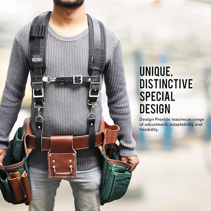 Falcon Gears Leather Tool Belt Suspenders Heavy-Duty Adjustable Harness with Padded Support, 4 Rig Loops, Front Hook for Work