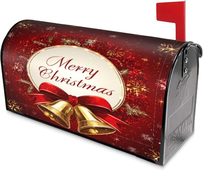 Festive Magnetic Mailbox Cover Red Christmas Bell Pattern Outdoor Mailbox Protector Holiday Seasonal Decorative Garden Yard Home Large Size 25.5 x 21 Inch