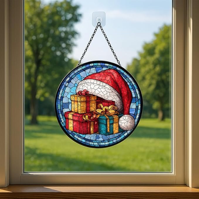 Stained Glass Window Hanging – 11.8 in Santa Hat & Gifts Panel with Chain， Bathroom Front Door Living Room Garden Decor， Gift for Mom Wife Lovers