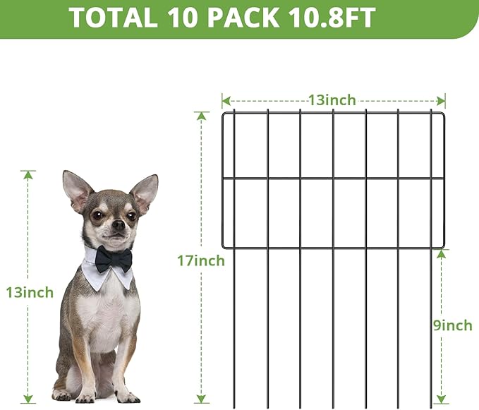 10 PCS Animal Barrier Fence, 17''(H) X 10.8 Ft(L), No Dig Garden Fencing Border for Small Dogs & Rabbits, Rustproof Metal, Decorative Fencing for Outdoor Landscape Yard Patio, 2‘’ Spike Spacing Fence