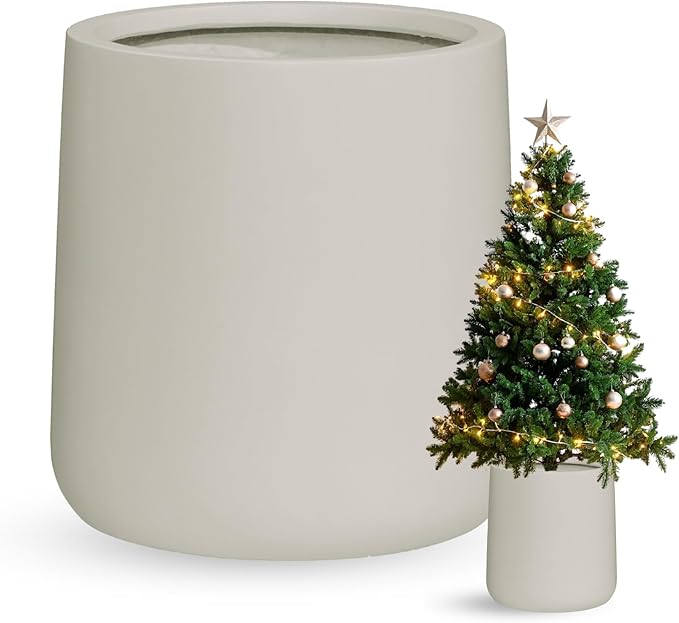 14" H x 13.7" D Conico Fiberstone Round Planter- Christmas Tree Planter, Smooth Finishes, Weather Resistant for Indoor and Outdoor Use, Included 2 Extra Coco Mats (Taupe, 10.6" Pot Opening)
