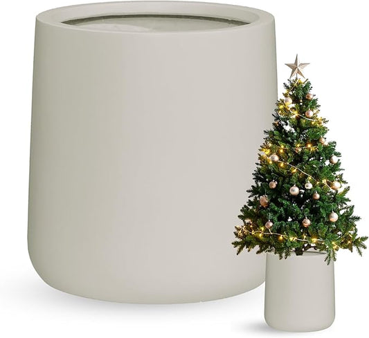 14" H x 13.7" D Conico Fiberstone Round Planter- Christmas Tree Planter, Smooth Finishes, Weather Resistant for Indoor and Outdoor Use, Included 2 Extra Coco Mats (Taupe, 10.6" Pot Opening)