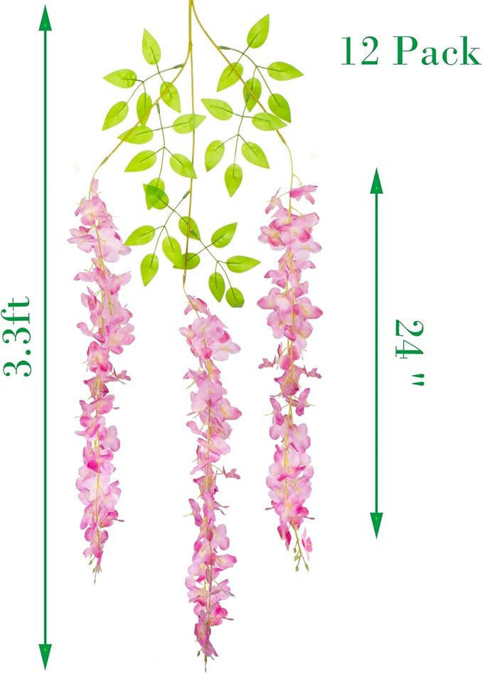 12 Pack Artificial Flowers Silk Wisteria Vine Ratta Hanging Flower (Deep Pink)