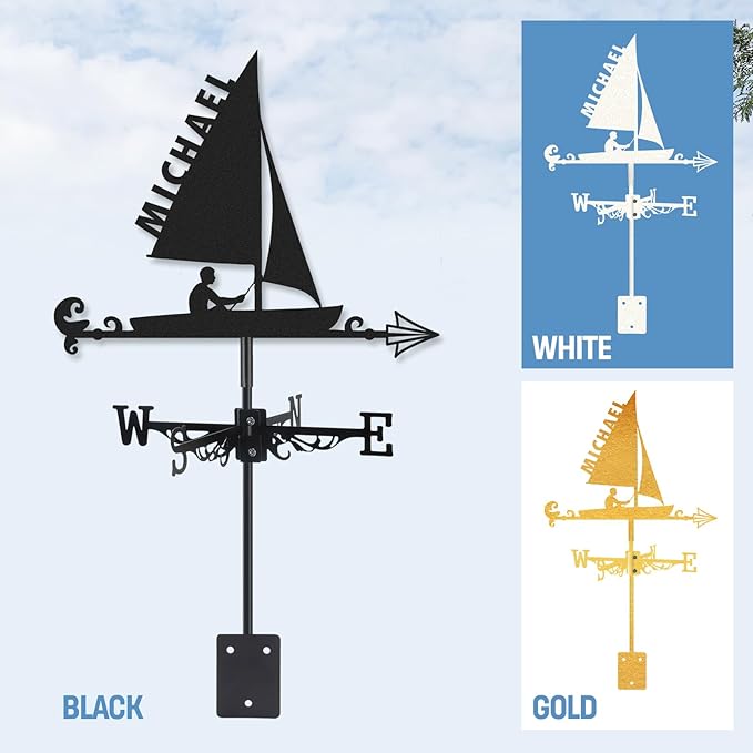 Personalized Sailboat Metal Weather Vane, Custom Name Weathervane, Wind Direction Indicator, Weather Vanes Roof Mount, Wind Vane Outdoor Decor for Shed Garden Yard Patio, Housewarming Gifts