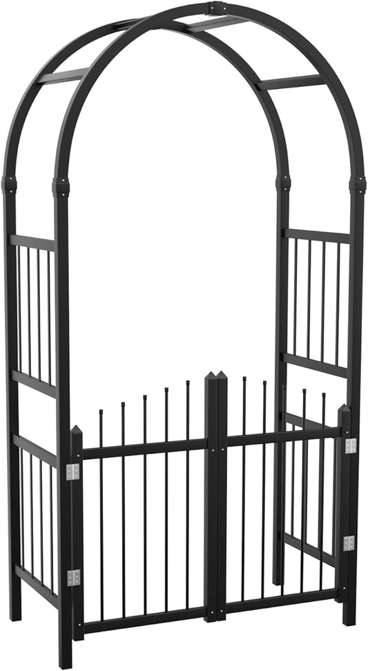 VINGLI Garden Arbor with Gate, PVC Wedding Arch for Ceremony Party, Trellis for Climbing Plants Outdoor for Backyard, Lawn (Black)