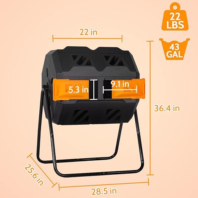 Composting Bins 43 Gallon Outdoor Tumbling Compost Bin Compost Tumbler Bucket Trash Can w/Dual Chamber Sliding Doors for Garden Patio,Orange Door