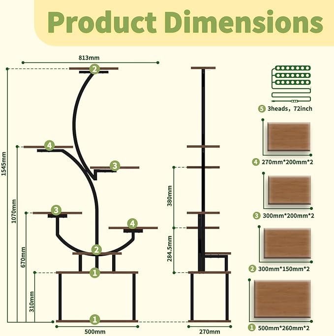 Plant Stand Indoor with Grow Lights, 8-Tiered Plant Rack with 3 head lamps, 60.83" Tall Plant Stands for home décor, Corner Flower Shelves for Patio, Balcony, Living Room