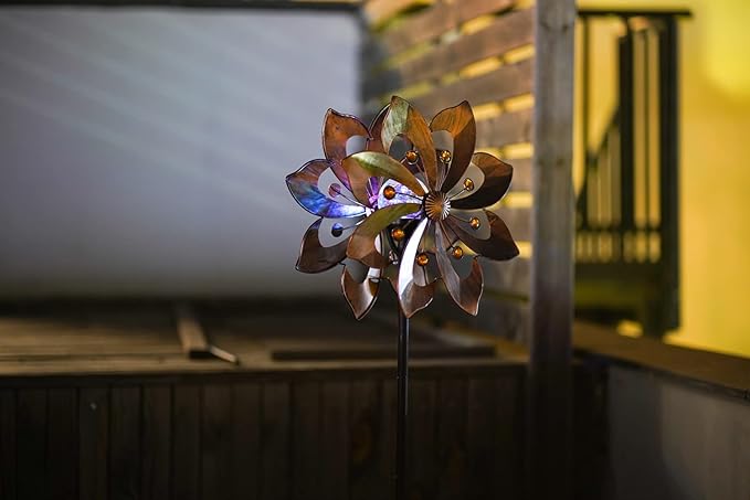 Solar Copper Wind Spinner with Glass Ball Color Changing LED Lighting with Kinetic Wind Mill Dual Direction for Patio Lawn Garden Holiday Decoration…