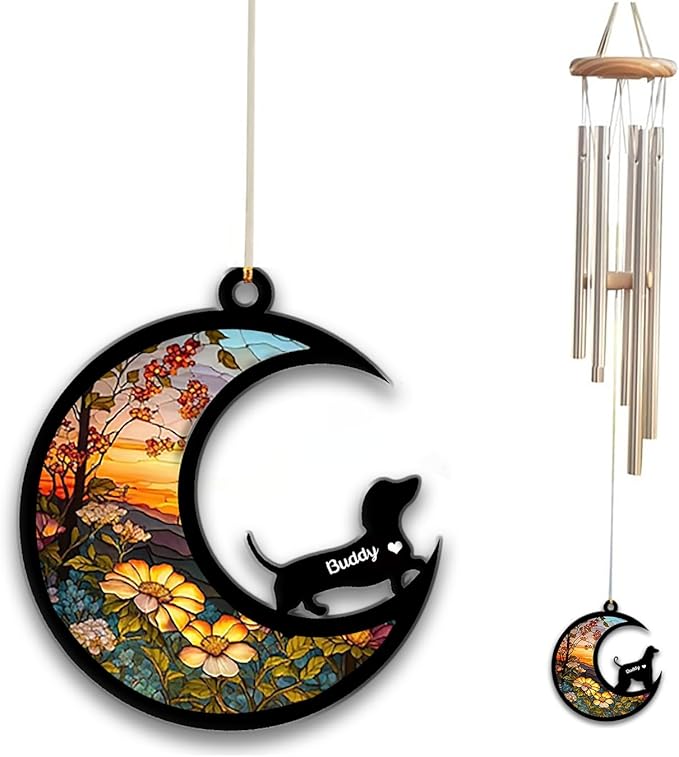 Dachshund Sun Catcher Wind Chime, Custom Sunflower Suncatcher Dog Memorial Wind Chime, Dog Loss Gift, Dog Sympathy Gift, Pet Loss Suncatcher, Outdoor Garden Decor