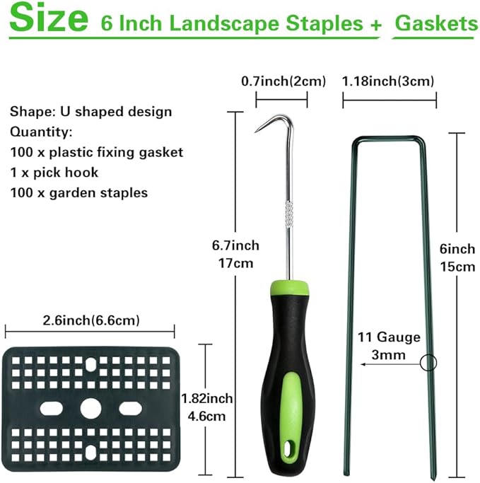 Bakulyor 100 Pcs Green Artificial Turf Stakes Anchor + 100 Pcs Buffer Washer, 6 Inch 11 Gauge Landscape Staples, Galvanized Lawn Spikes, Heavy Duty Yard Ground Pin for Grass Weed Barrier Sod Fabric