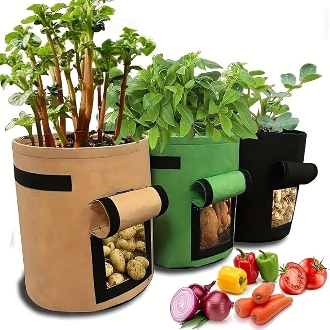 3 Pack of 5-Gallon Potato Planting Bags with Harvest Viewing Window, Thickened Breathable Non-Woven Planters with Handles - Ideal Fabric Planting Containers for Plant Potatoes (Khaki/Green/Black