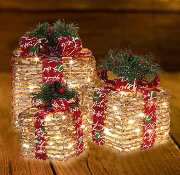 [Large 10"x8.5"x7" Christmas Set of 3 Lighted Rattan Gift Boxes Decorations Pre-lit 70 Super-Bright LED with Flashers,for Indoor Outdoor Pathway Holiday Party Home(Warm White)