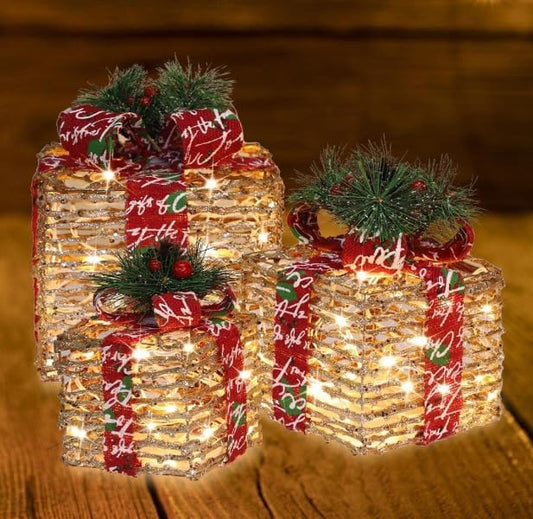 [Large 10"x8.5"x7" Christmas Set of 3 Lighted Rattan Gift Boxes Decorations Pre-lit 70 Super-Bright LED with Flashers,for Indoor Outdoor Pathway Holiday Party Home(Warm White)