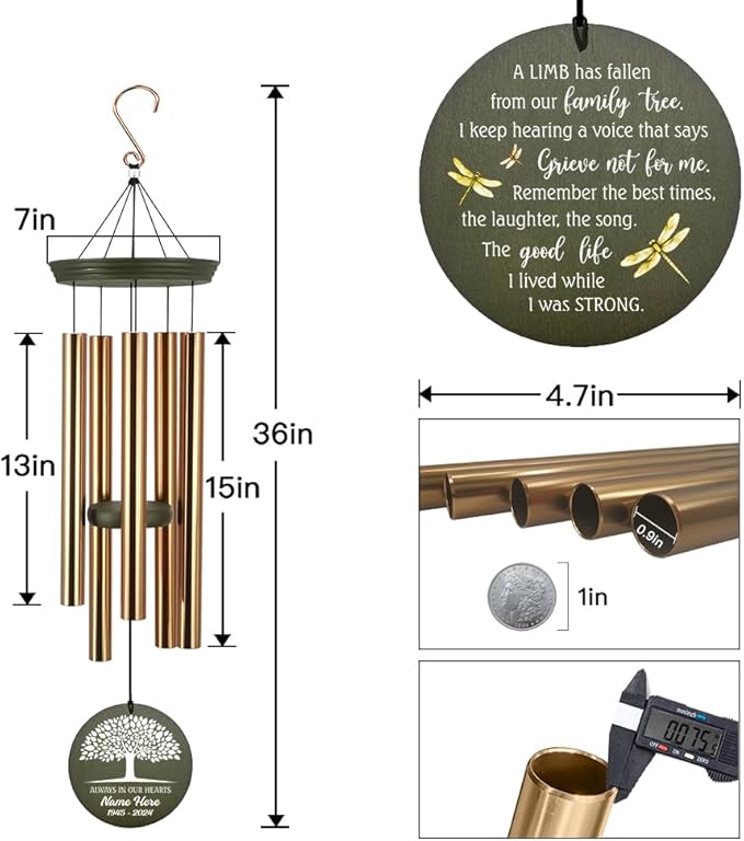 Personalized Wind Chimes, Dragonfly Life Tree Sympathy Wind Chimes, Memorial Gifts for Loss of Loved Ones, in Loving Memory of Dad/Mom, 36inch Wind Chime Outside (Produced in USA)