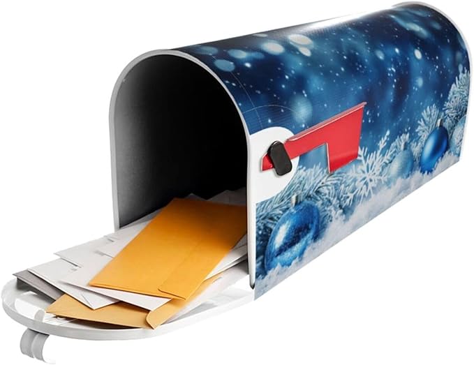Festive Magnetic Mailbox Cover Blue Ball Snowflake Outdoor Mailbox Protector Holiday Seasonal Decorative Garden Yard Home Large Size 25.5 x 21 Inch