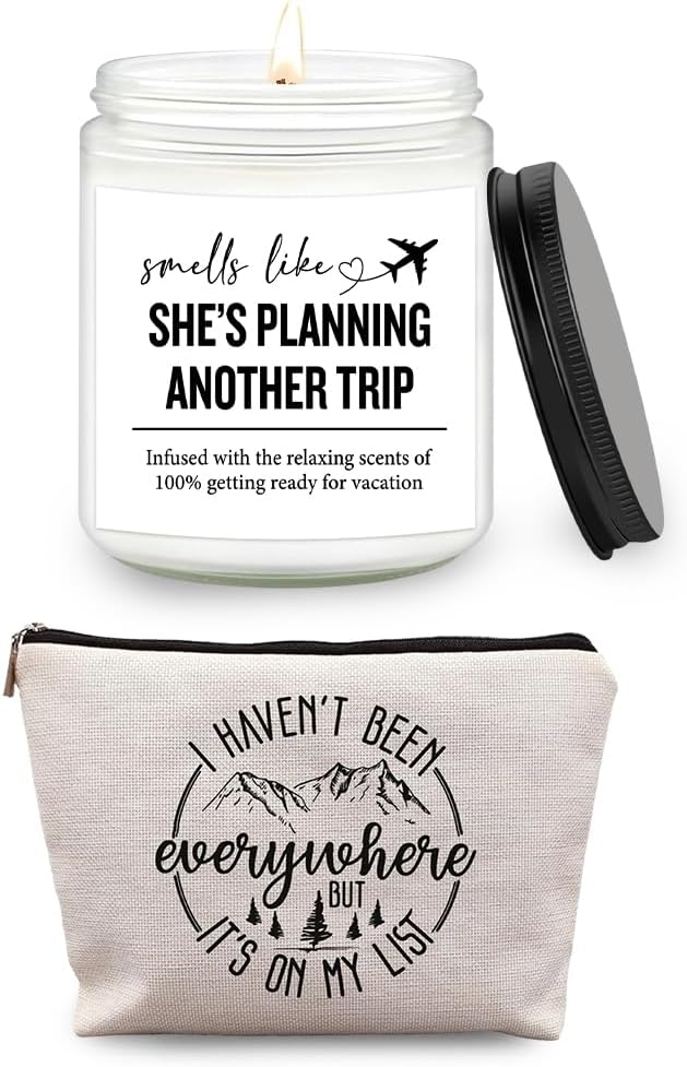 Travel Gifts for Women – 7OZ Scented Candle & Makeup Bag | Unique Gift for Women, Relaxing Aromatherapy, Stylish Cosmetic Bag for Travelers, Travel Christmas Gifts