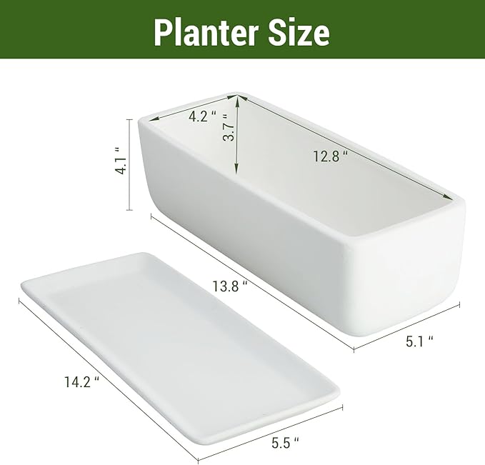 MyGift 14 Inch Ceramic Indoor Plant Pot with Drainage Hole, Rectangular Succulent Planter Window Box with Removable Saucer, Unglazed White