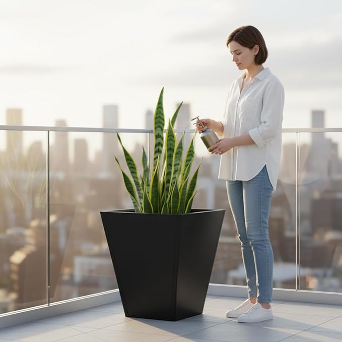 Undercat Tall Black Planter Box for Outdoor Plants, 20" x 20"x 22" Metal Cone-Shaped Flower Pot with Drainage Hole, Planter Box for Patio, Deck, Yard, Garden