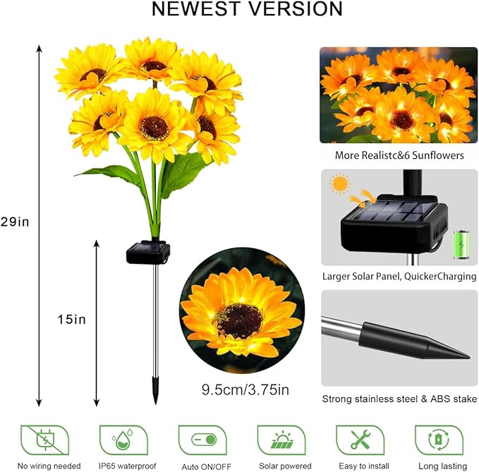Upgraded Solar Sunflower Lights 1 Pack with 6 Outdoor Decor Flower Lights for Garden Gift for Mom and Friends, IP65 Waterproof Sunflower Garden Stake Lights for Yard Patio Lawn Pathway (Warm White)