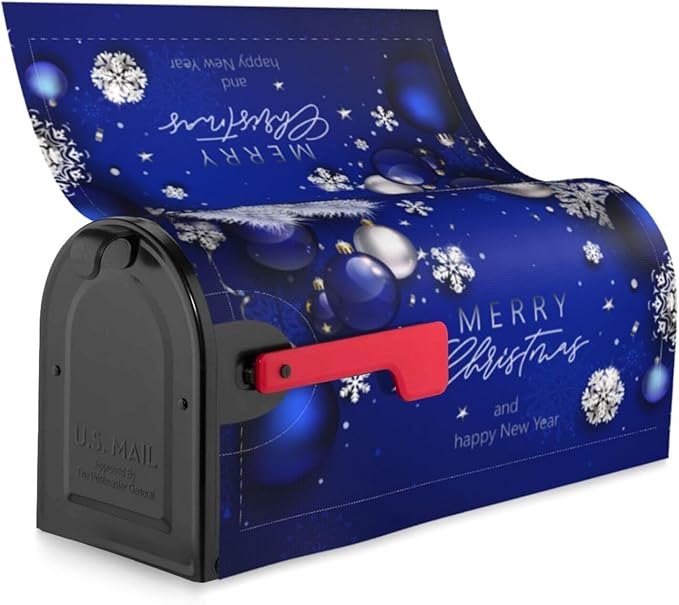 Christmas Mailbox Covers Blue Ball Fir Branch Snowflake Magnetic Letter Post Box Cover Standard Size 21 x 18 Inch Garden Yard Home Decorative