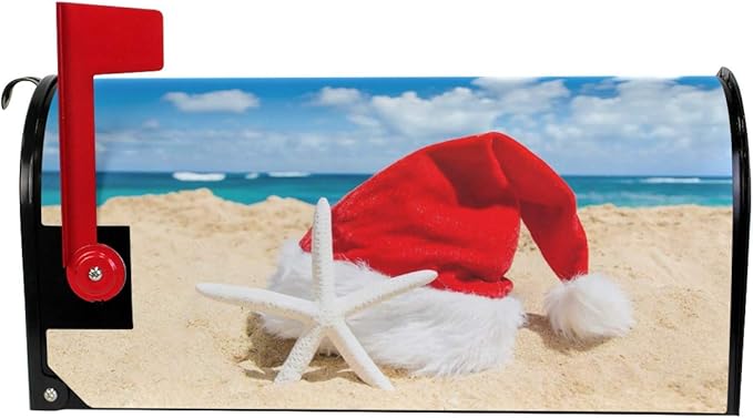 ALAZA Christmas Santa Hat on The Beach with Starfish Magnetic Mailbox Cover New Year Standard Size for Garden Yard Outdoor Decorations-18 x 20.8"