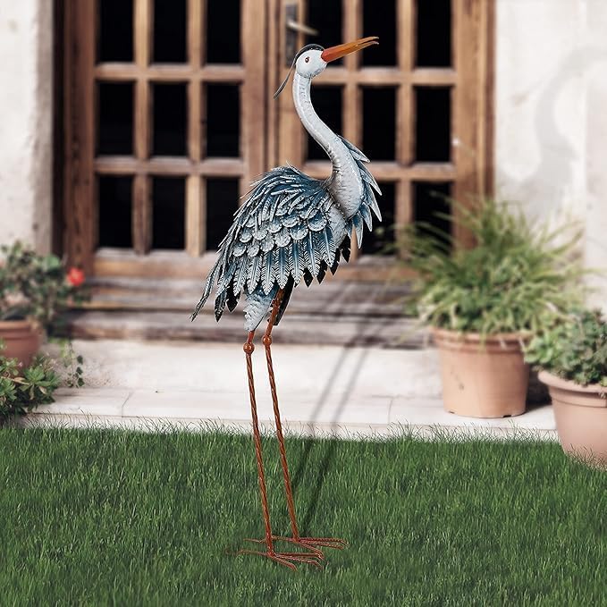 TERESA'S COLLECTIONS Garden Decor Blue Heron Sculptures & Statues,24.5" Coastal Metal Heron Decoy for Outdoor Outside Vivid Bird Metal Yard Art Cranes Patio Pond Pool Lawn Decorations,Gift for Mom