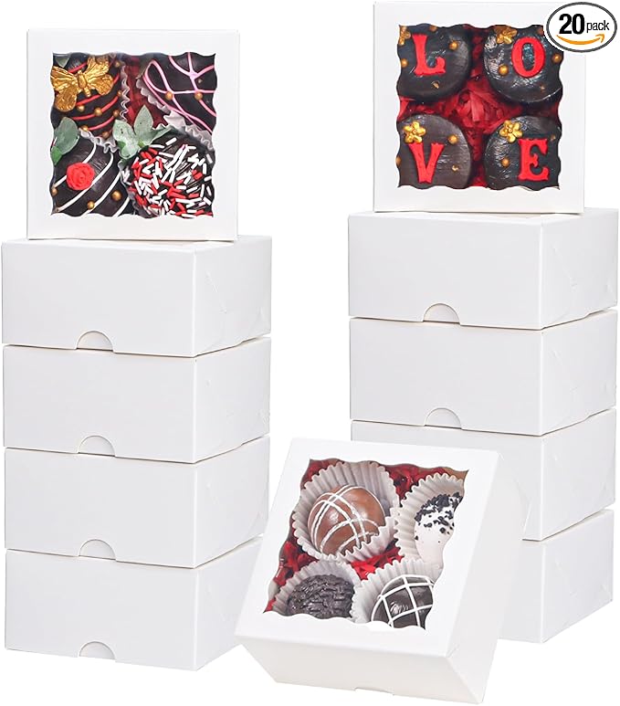 20pcs 4x4x2 Inch Bakery Boxes with Window Cookies Boxes Soap Box Chocolate Truffle Boxes Macaron Boxes Dount Boxes Gift Treat Boxes for Cake Browine pastries, or gifts goodies Party Favor