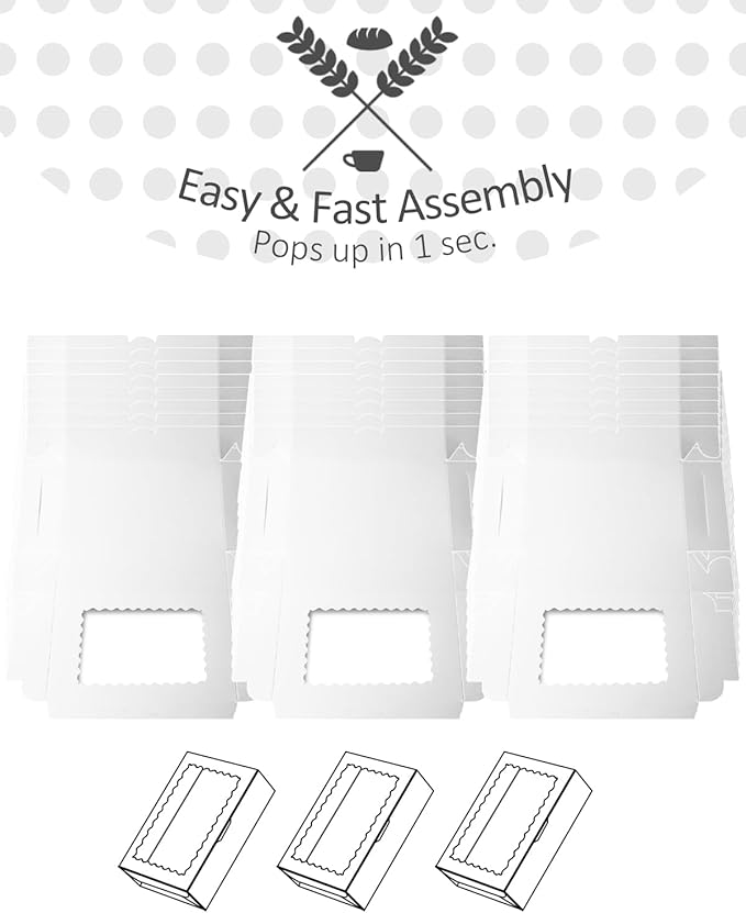 qiqee 50Pcs White Cookie Box with Window 9x6x2.5 Inch Pastry Macaron Bakery Box For Packaging